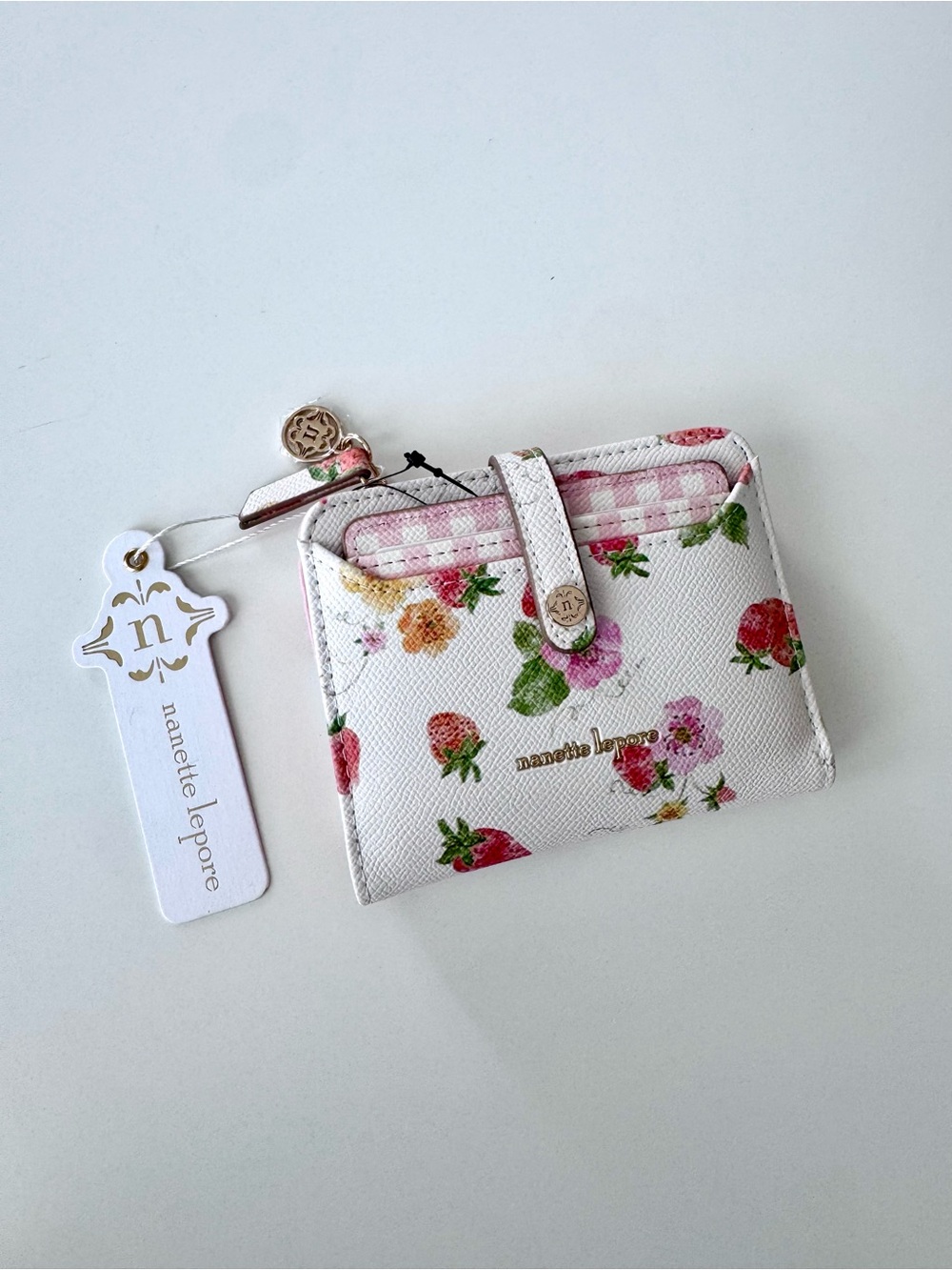 Nanette Lepore Small Wallet, Removable Card Case, Sweet Strawberry-Pink Gingham